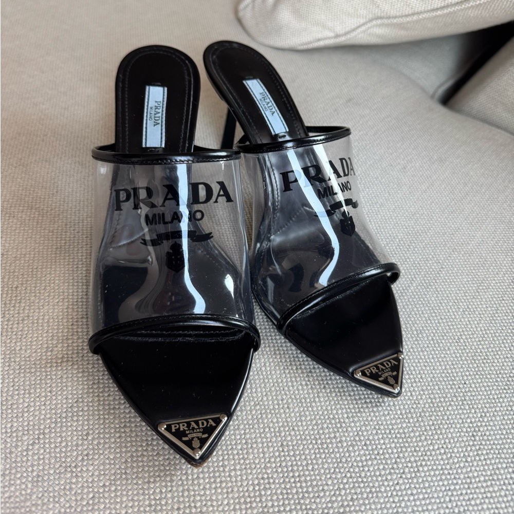 Prada Black Patent Leather PVC Mules 38